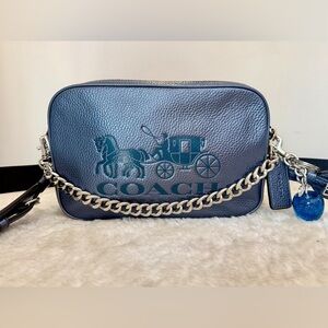 Coach Jes Crossbody bag in metallic blue with chain strap and apple charm